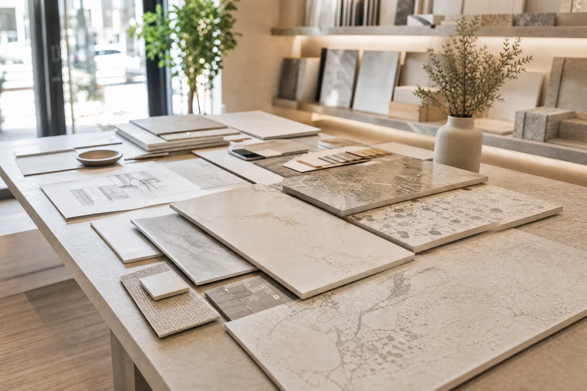 Showroom masasına yelpaze gibi dizilmiş doğal taş ve yüzey numuneleri